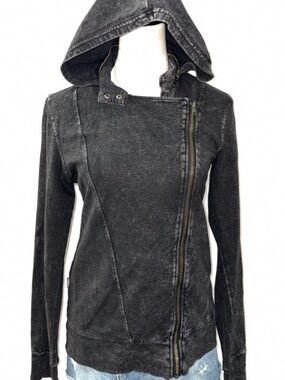 Affliction Black Washed Hooded Asymmetrical Zip Jean Jacket